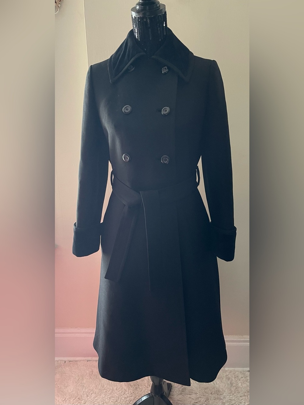 Irving Samuel For Ogilvy's Classic Double-Breasted Black Wool Coat with Belt - Picture 1 of 14